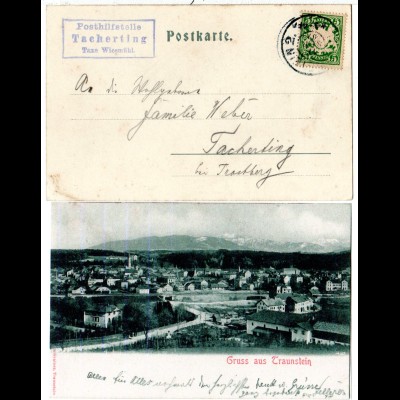 Bayern 1902, Posthilfstelle TACHERTING Taxe Wiesmühl auf Traunstein-AK m. 5 Pf.