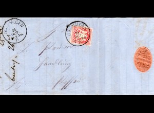 Bayern 1871, K1 BURGHAUSEN m. JZ auf Brief m. 3 Kr. u. rs. Firmenetikett