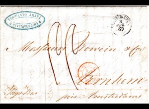 Italien Kirchenstaat 1859, K2 CIVITAVECCHIA auf Porto Brief n. Arnhem, NL.