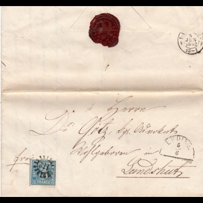 Bayern 1862, MR 112 ERDING auf Brief m. 3 Kr. n. Landshut