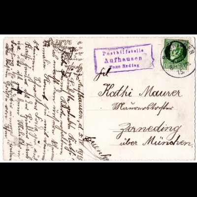 Bayern 1915, Posthilfstelle AUFHAUSEN Taxe Erding auf Karte m. 5 Pf.
