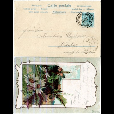 Liechtenstein 1901, 5 H. Österreich m. K1 SCHAAN auf LItho-AK m. Glitzerblumen