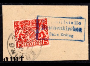 Bayern 1916, Posthilfstelle REICHENKIRCHEN Taxe Erding auf Briefstück m. 15 Pf.