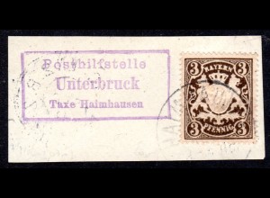 Bayern, Posthilfstelle UNTERBRUCK Taxe Haimhausen auf Briefstück m. 3 Pf.