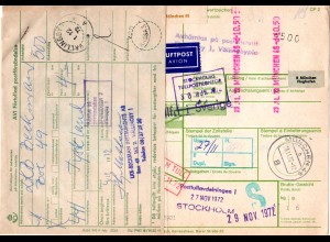 BRD 1972, Paketkarte v. MÜNCHEN 3 m. Schweden Porto-Etikett u. -Formular.