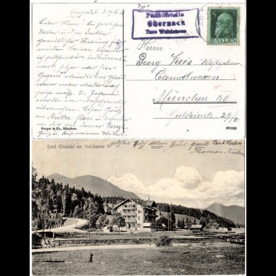 Bayern 1912, Posthilfstelle OBERNACH Taxe Walchensee auf Hotel-AK m. 5 Pf.