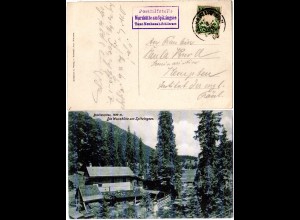 Bayern 1908, Wurzhütte am SPITZINGSEE Taxe Neuhaus b. Schliersee auf AK m. 5 Pf 