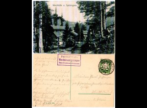 Bayern 1909, Wurzhütte am SPITZINGSEE Taxe Neuhaus b. Schliersee auf AK m. 5 Pf 
