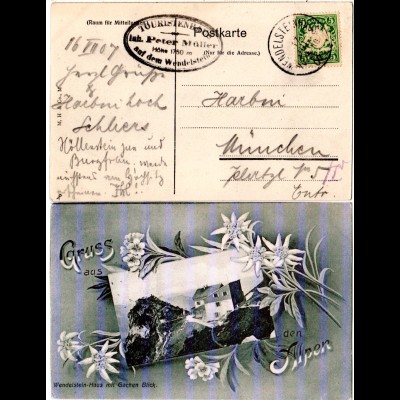 Gruss aus den Alpen m. WENDELSTEINHAUS u. Edelweiss, 1907 gebr. sw-AK