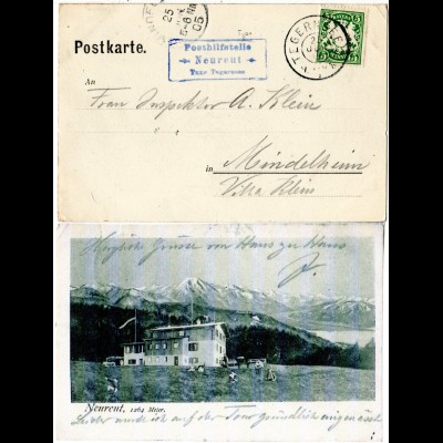 Bayern 1905, Posthilfstelle NEUREUT Taxe TEGERNSEE auf sw-AK m. 5 Pf