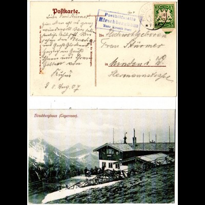 Bayern 1907, Posthilfstelle HIRSCHBERGHAUS Taxe Kreuth Dorf auf AK m. 5 Pf