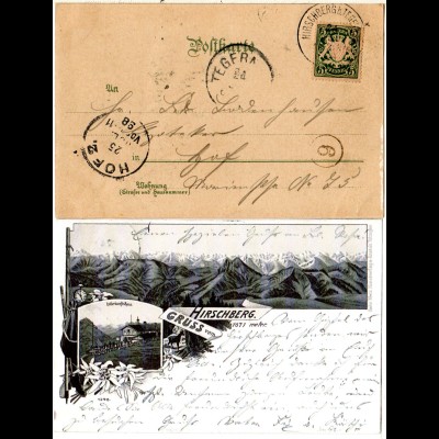 Bayern 1898, Postablage-K1 HIRSCHBERG b. TEGERNSEE auf AK m. 5 Pf. (Sem 175.-)