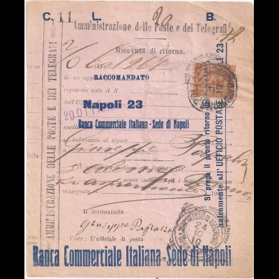 Italien 1910, 20 C. m Firmenlochung perfins B.C.I. auf Rückschein Formular #2175