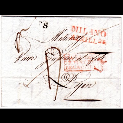 Lombardei 1834, rote L2 MILANO u. L I auf Brief n. Frankreich