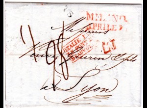 Lombardei 1834, rote L2 MILANO u. L I auf Brief n. Frankreich