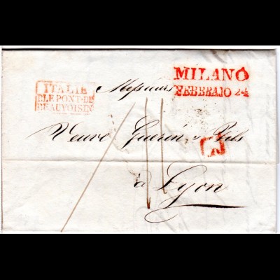 Lombardei 1836, rote L2 MILANO u. L I auf Brief n. Frankreich