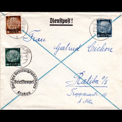 Generalgouvernement 1940, 3 Marken auf Dienstpost Brief v. Krakau 20