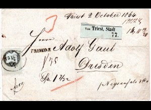 Österreich 1864, 5 Kr. Stempelmarke auf Paket Begleitkarte v. Triest n. Sachsen