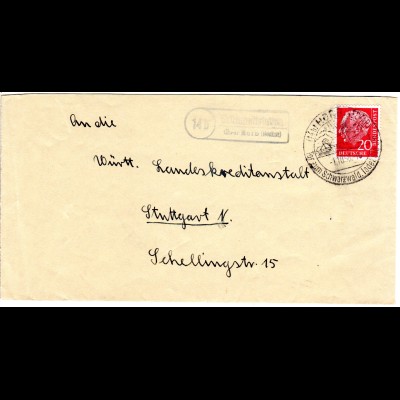 BRD 1958, Landpost Stpl. 14b GÜMMETTSTETTEN über Horb auf Brief m. 20 Pf.
