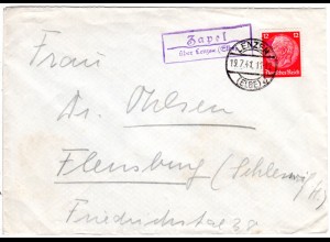 DR 1941, Landpost Stpl. ZAPEL über Lenzow (Elbe) auf Brief m. 12 Pf. 