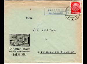 DR 1936, Landpost Stpl. Lobenfeld über Neckargemünd auf Firmen Brief m. 12 Pf. 