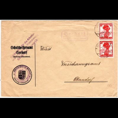 DR 1935, Landpost Stpl. SEEDORF über Oberndorf auf Brief m. 2x12 Pf. Trachten.