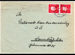 BRD 1960, Landpost Stpl. 20a RADENBECK üb. Dahlenburg auf Brief m. 2x20 Pf.
