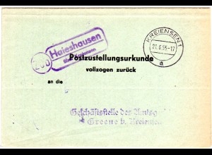 BRD 1955, Landpost Stpl. 20b HAIESHAUSEN über Kreiensen auf Zustellungsurkunde.