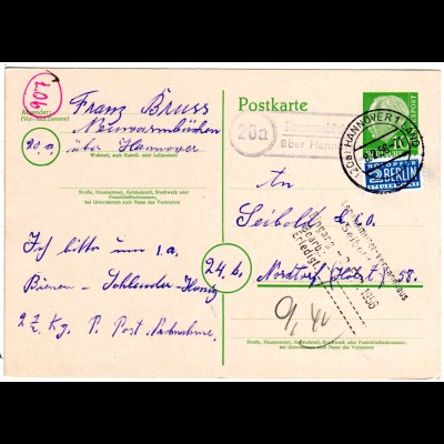 BRD 1956, Landpost Stpl. 20a NEUWARMBÜCHEN über Hannover auf 10 Pf. Ganzsache