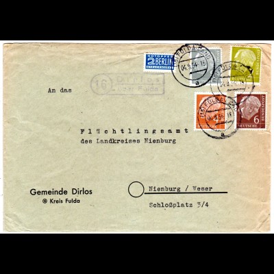 BRD 1954, Landpost Stpl. 16 DIRLOS über Fulda auf Gemeinde Brief m.2+4+6+8 Pf.