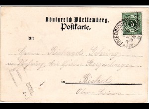 Bayern 1898, L2-Aushilfstempel BICHL als Ank.Stpl. auf AK m. Württemberg 5 Pf.