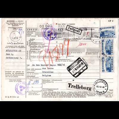 Schweden 1960, MeF 3x5 Kr. auf Paketkarte v. Mölndal n. Belgien