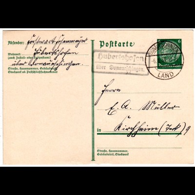 DR 1934, Landpost Stpl. HUBERTSHOFEN über Donaueschingen auf 6 Pf. Ganzsache