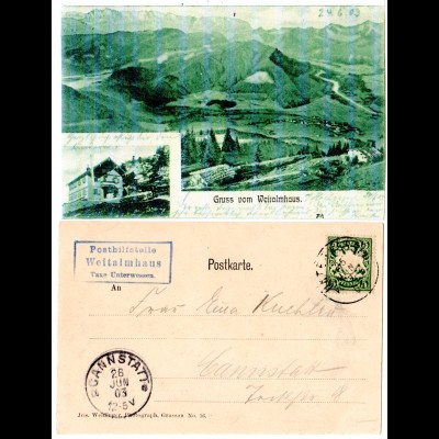Bayern 1903, Posthilfstelle WEITALMHAUS Taxe Unterwessen auf sw-AK m. 5 Pf.