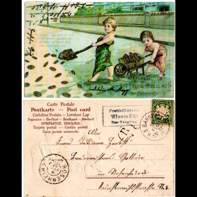 Bayern 1906, Posthilfstelle WIESMÜHL Taxe Tengling auf Glückwunsch-AK m. 5 Pf.