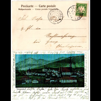 Bayern 1904, Reservestempel TEISENDORF R auf Chromo Mondschein-AK m. 5 Pf.