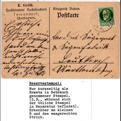 Bayern 1915, Reservestempel TEISENDORF R auf Firmen Karte m. 5 Pf.