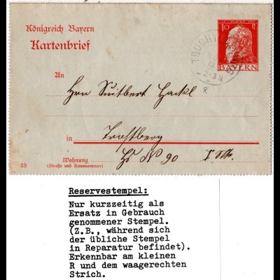 Bayern 1913, Reservestempel TRUCHTLACHING R auf 10 Pf. Kartenbrief