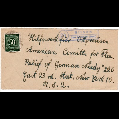 1947, Landpost Stpl. 24 BILSEN über Barmstedt auf Brief m. 50 Pf. n. USA