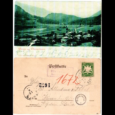 Bayern 1901, Posthilfstelle OBERWESSEN Taxe Unterwessen auf AK m. 5 Pf
