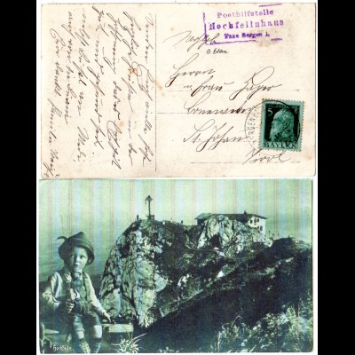 Bayern 1912, Posthilfstelle HOCHFELLNHAUS Taxe Bergen auf sw-AK m. 5 Pf.