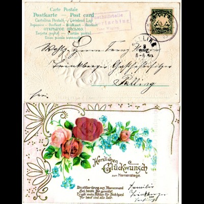 Bayern 1903, Posthilfstelle UNTERTACHING Taxe Waging auf Präge-AK m. 5 Pf.