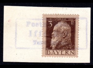 Bayern, Posthilfstelle IFFELDORF Taxe Staltach auf Briefstück m. 3 Pf.