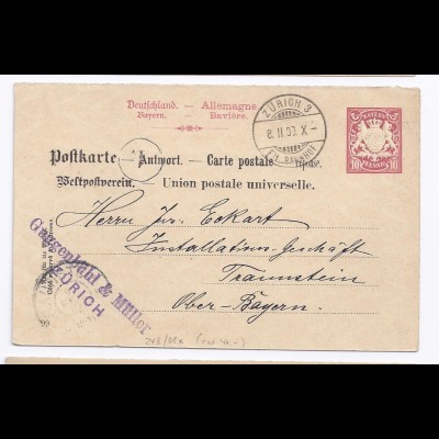 Schweiz Bayern 1903, Brief Stpl Zürich a.Ganzsache Antwortteil n.Traunstein #421
