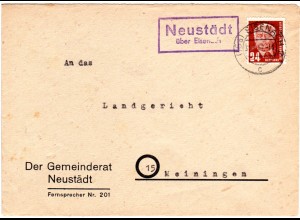 DDR 1952, Landpost Stpl. NEUSTÄDT über Eisenach auf Gemeinde Brief m. 24 Pf.