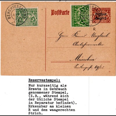 Bayern 1920, Reservestempel BERCHTESGADEN 2 R auf Dienst Ganzsache m. Zusatzfr.