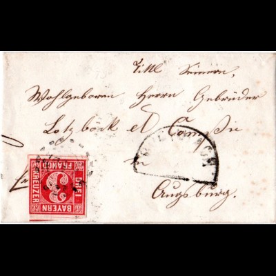 Bayern 1857, oMR 790 BUCHBACH auf Brief m. 3 Kr. v. Ranoldsberg n. Augsburg