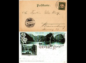 Bayern 1896, Saison-Postamt-K1 KÖNIGSSEE i.Obb. auf Litho-AK m. 5 Pf.