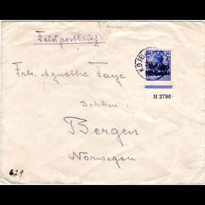 Dt. Besetzung Belgien 1915, 25 C. auf Feldpost Auslands Brief n. Norwegen.