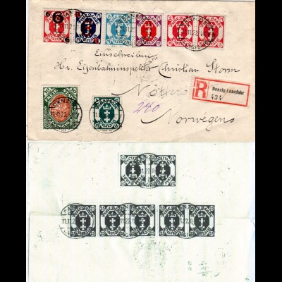 Danzig 1922, 15 Marken vorder- u. rückseitig auf Einschreiben Brief n. Norwegen